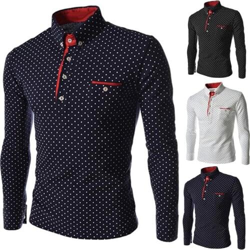 Fashion men t shirts Autumn Solid Color Polka Dot Print Buttons up Cotton Pullover Sliming Shirt Men male Tees Top men shirt