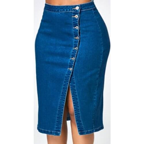 Button Front Midi Denim Skirt For Women Casual High Waist Split Knee Length Jeans Skirt Female Casual Summer Skirts#g30