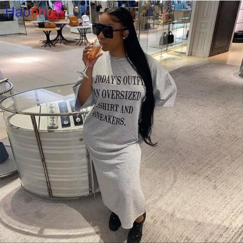 HAOOHU Women Todays Outfits Letter Print Long Dress Sexy Club Party Night Casual Long Loose Dresses vestidos de fiesta