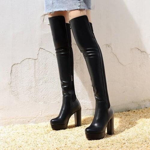 2021 New Waterproof Platform Lycra Stitching Over-The-Knee Womens Boots Super High Thick Heel Suede Short Plush PU Long Boots