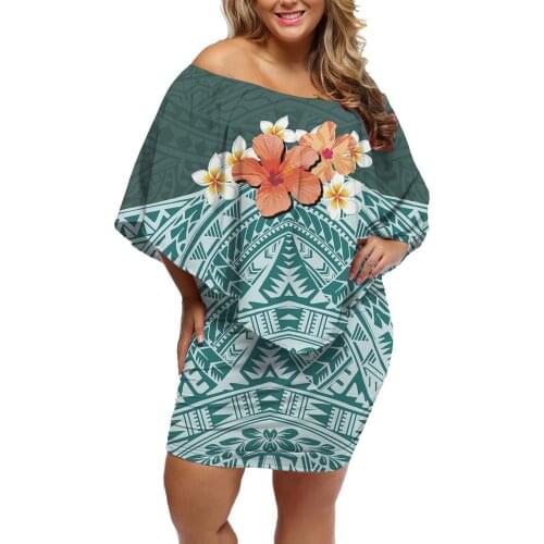 Hycool Wholesale Sky Blue Ladies Summer Hibiscus Print Party Dress Women Plus Size Clothing Polynesian Women Casual Dresses 2021