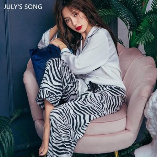 JULYS SONG Zebra Pattern Pajamas Set Satin Women Spring Sleepwear Faux Silk Lapel Retro Elegance New Fashion Homewear Wholesale