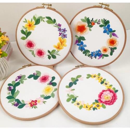 Flower Pattern Printed DIY Embroidery kit with Hoop DIY Material Package Beginner Embroidery Handmade Cross Stitch Sewing Art