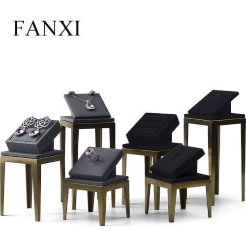FANXI New Metal Jewelry Display Stand Set Ring Necklace Bracelet Display Holder Shelf Black Leather Jewelry Organizer Showcase