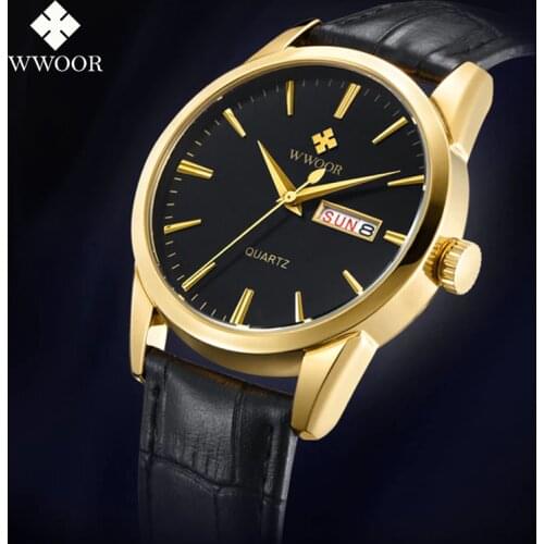WWOOR Luxury Brand Mens Quartz Watch Date Day Genuine Leather Strap Casual Sports Wristwatch Gifts montre homme 2019 New #c
