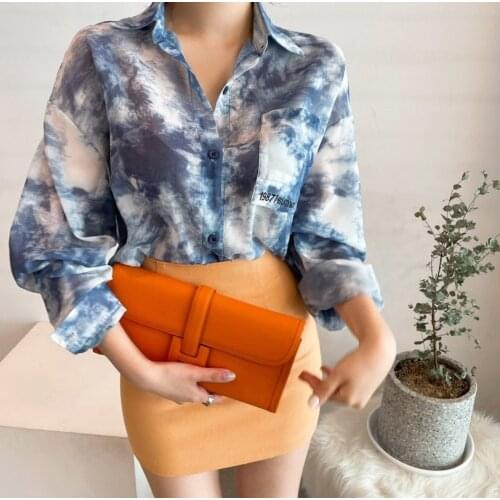 Long Sleeve Pockets Casual Chiffon Blouse harajuku Shirts 2021 Summer Vintage Tops Blooming Print Loose Elegant Women shirt 305E