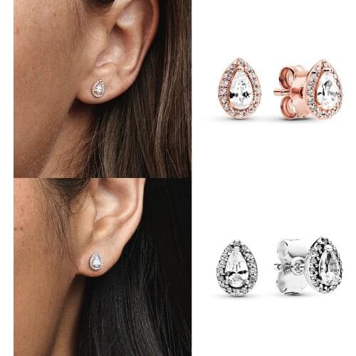 SCALLOPED Sparkling Crystal Pear Shaped Stud Earrings Luxurious Cubic Zirconia Teardrop Halo Design Women Statement Jewelry
