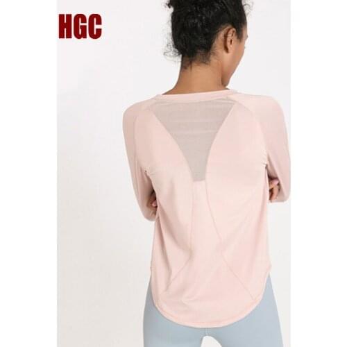 HGC Sports Top Women Long Sleeve Mesh Breathable Autumn Slim Quick Drying Yoga Shirt Loose Gym Workout Leisure Running Pullover