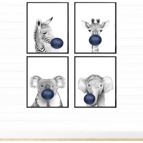 Funny Giraffe koala Blowing Blue Bubbles Wall Art Canvas Painting Nursery Posters And Prints Wall Pictures Baby Kids Room Décor