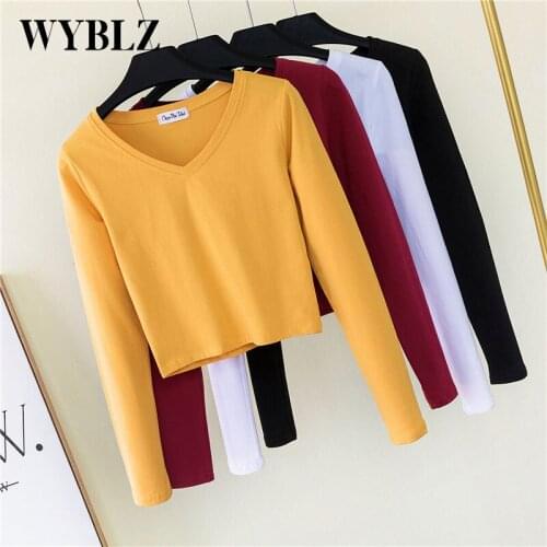 WYBLZ Spring and Autumn High Waist Tight Shirt Leaky Waist Short T-shirt Long Sleeve V-neck Feminine Clothes Korean Version New