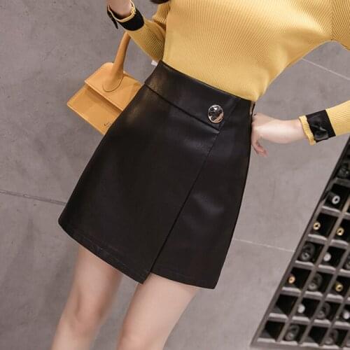 Summer Womens Short Casual High Waist Asymmetric A-Line Wrapped Leather Mini Skirt Faldas Mujer Moda 2021 Korean Style A140