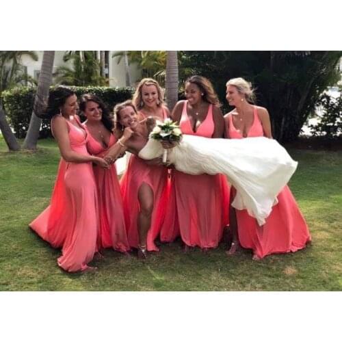 Womens Long Sexy Bridesmaid Dresses with Pockets Maxi V-Neck Side Split Backless A-Line Formal Evening Gown Custom Made