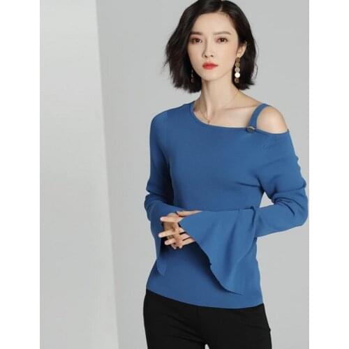 Women sweaters high quality autumn clothing for female off shoulder blue fashion pullovers full flare sleeve knitted girl tops