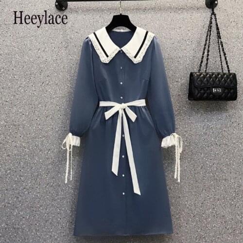 Plus Size Women Korean Dresses Spring Lace Patchwork Peter Pan Collar Long Sleeve Single-breasted Shirt Dress office ladies robe