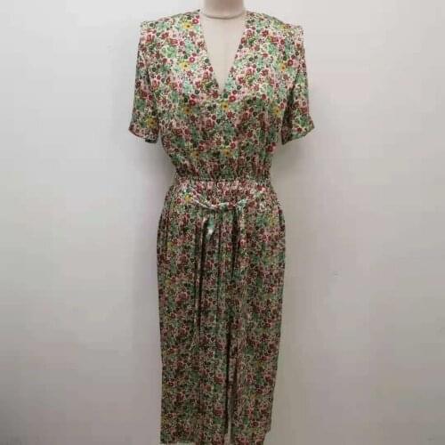 Retro Floral Print Women V-Neck Midi Dress Elastic Waist Short Sleeve Ladies Fashion Long Robe with Sashes 2021 New