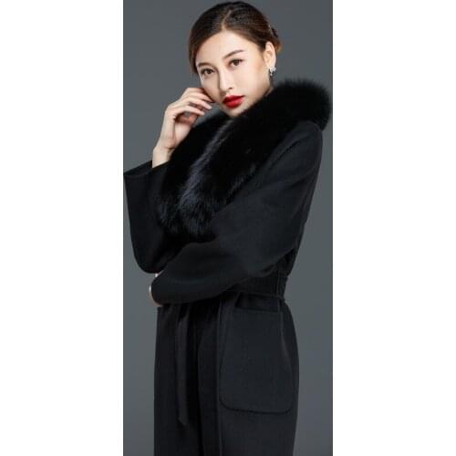 Natural Fox Fur Autumn Winter Wool Coat Women Black Slim Cashmere OverCoat Thicken Long Jackets casaco feminino
