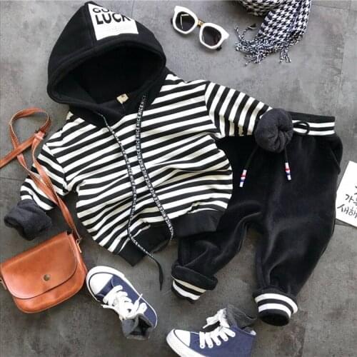 Winter Cotton Kids Clothes Cute Long Sleeves Boy Clothes Thickening and Velvet Stripes Hoodie +Pants 2pcs Boys Clothing Set