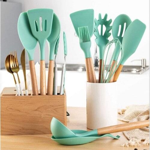 11Pcs/Set Green Silicone Wood Handle Dinnerware With Storage Box Flatware Set Dinner Knife Fork Spoon Food Clip Kitchen Tools