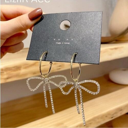 2021 New Bowknot Tmperament Hoop Earrings For Women Elegant Crystal long Tassel Hyperbole Joker Big Gold Earrings Jewelry