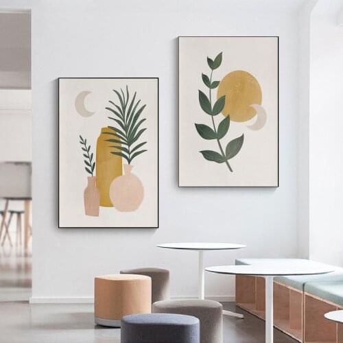 Abstract Sun Moon Plant Leaves Wall Art Canvas Painting Nordic Modern Posters and Prints Wall Pictures for Living Room Decor