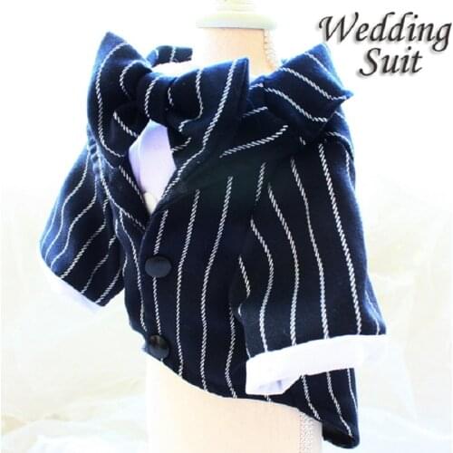 Free Shipping False Two-Piece Dog Clothes Striped Navy Blue Suit Shirt Bow Tie Pet Wedding Outfit Poodle Yorkie Maltese
