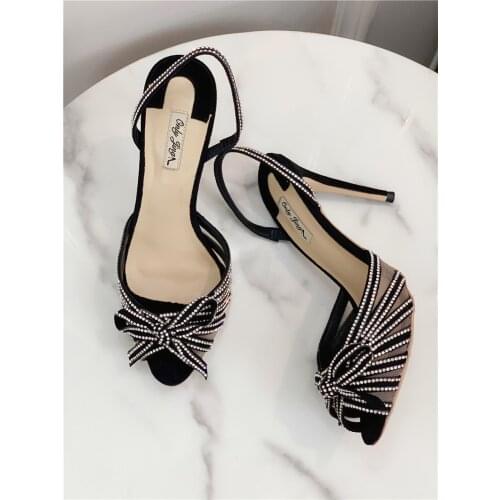 Free shipping fashion women shoes black suede bow crystal strappy peep toe slingback high heels sandals 12cm 10cm