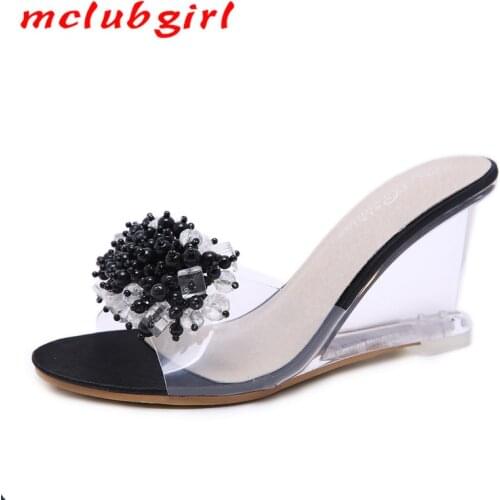 Mclubgirl Wedge Sandals Nightclub Girl Womens Summer 2020 New Sexy Crystal Transparent Pumps Glass Rhinestone Wedge Sandals LFD