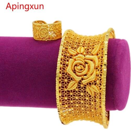 Apingxun Flower Bangle 24K Gold Color Dubai/African/Ethiopian Cuff Bracelet&Ring Set For Women Bridal Wedding Jewelry Party Gift