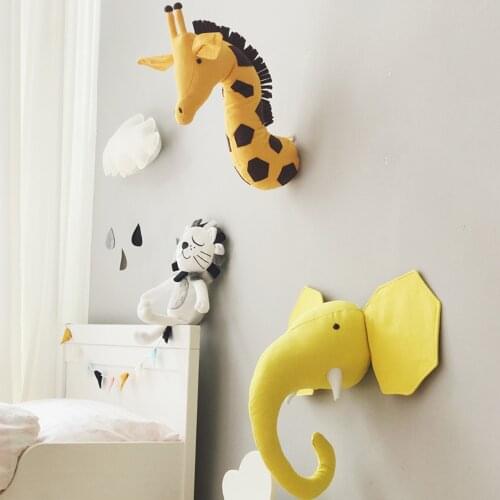 Baby Nursery 3D Animal Head Wall Mount Kawaii Stuffed Elephant/Giraffe/Zebra Wall Hanging Toys Kids Room Animal Wall Sculptures