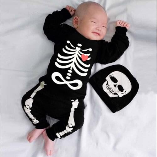 Baby Girl Clothes Sets Newborn Baby Boys Girls Halloween Bone Print Romper Jumpsuit+Hat Set Outfits Autumn Children Clothing