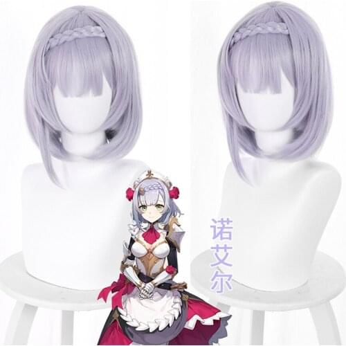 Genshin Impact Noelle Cosplay 35cm Braid Wig Short Silver Purple Wig Cosplay Anime Wigs Heat Resistant Synthetic Halloween Wigs