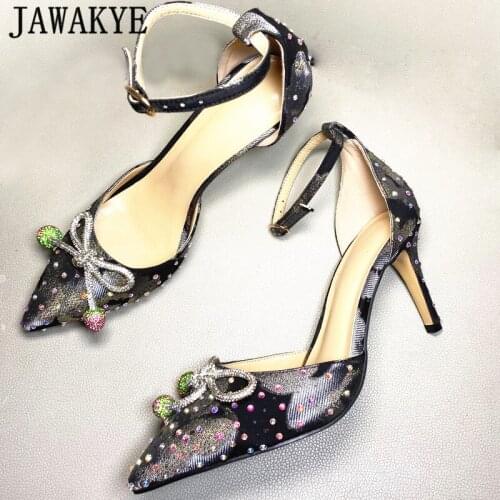 JAWAKYE Sexy Bowknot Strawberry Crystal Decor Women Sandals Pointy Toe Runway Party Shoes Blingbling Colorful Rhinestone Pumps