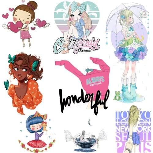 Beautiful Girls Thermals Sticker DIY Flower Heat Vinyl Transfer For Clothing Iron On Transfers On Clothes Applique For T-shirt