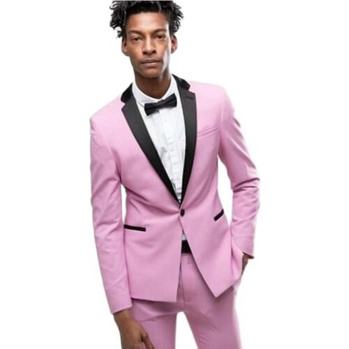 Handsome 2 Piece Pink Men‘s Evening Dress Cocktail Business Suits Customize Slim Fits Groom Tuxedos (Jacket+Pants+Bow Tie) W:786