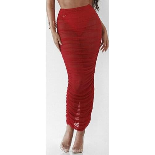 Summer Beach Wraps Women Bikinis Cover Ups Swimsuits Solid High Waist Mesh See-through Ruched Bodycon Skirt Bathing Swimwear