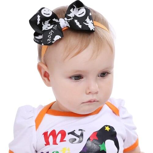 Fashion Print Grosgrain Ribbon Bows Toddler Elastic Headband Halloween Cartoon Pattern Bowknot Baby Hairband Clothing Ornaments
