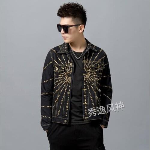 2010 autumn and winter mens Dg nightclub handsome self-cultivation rivet punk locomotive denim jacket fashion casual jacket