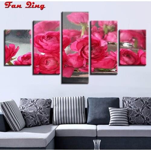 5 pcs Full Square/Round Drill 5D DIY Diamond Painting Pink rose flowers 3D Embroidery Cross Stitch Home Decor Gift