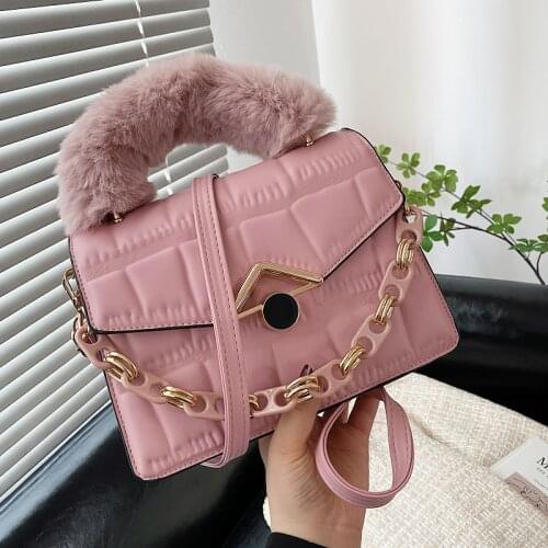 2021Winter New Plush Handle Small Flap Square Bag Luxury Design Organ Shoulder Bag High-quality Stone Pattern PU Leather Handbag