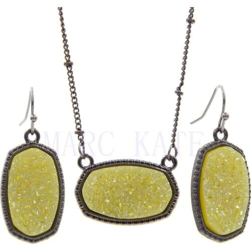 Oval Resin Druzy Drusy Pendant Necklace Black Metal Hexagon Druse Charms Drop Earrings Fashion Jewelry Set Gift Wedding Gift