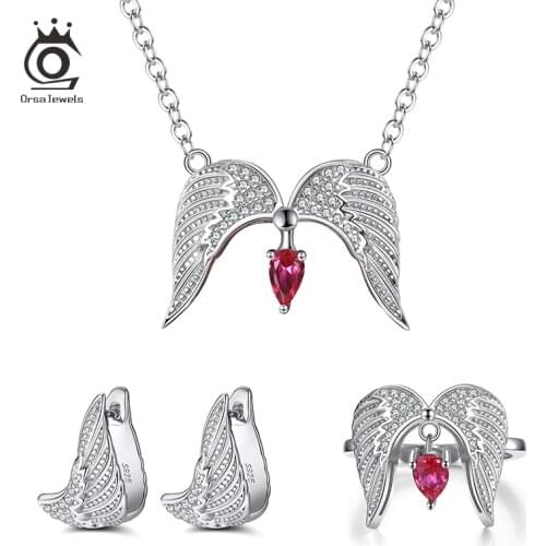 ORSA JEWELS 925 Sterling Silver Unique Red CZ Angels Wings Pendants Necklace with Fashion Women Girl Pendant Jewelry Gift SN292