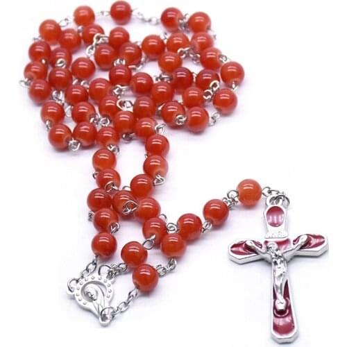 QIGO Red Rosary Necklace Long Enamel Cross Pendant Necklace Catholic Pray Jewelry
