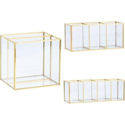 Practical Nordic Gold Grid Glass Flip Storage Tank Box Luxury Modern Cosmetics Storage Box Container Micro-Landscape Flower Room