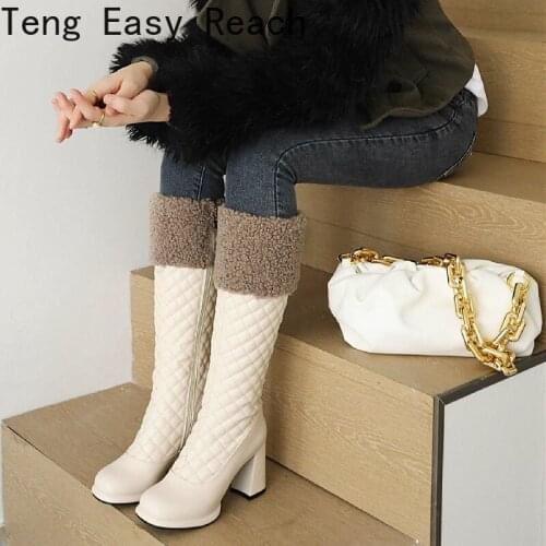 Womens High Knee Boots Platform Black White Fur Snow Boots Women Winter Sexy Chunk Heeled PU Leather Casual Punk Shoes Woman 37