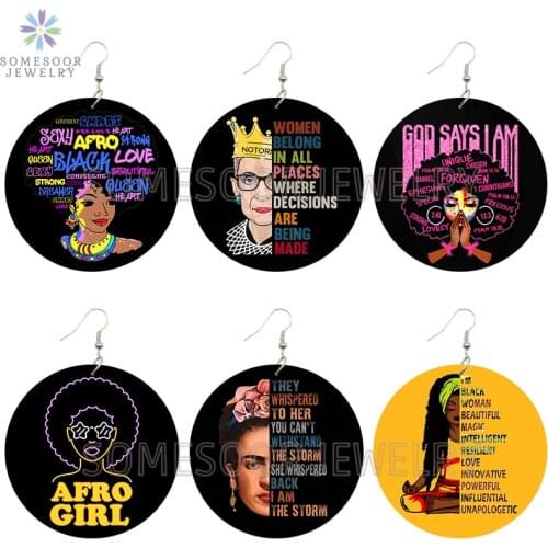 SOMESOOR Afro Girl Queen Unique African Wooden Drop Earrings Black Magic Love God Sayings Loops Dangle Jewelry For Women Gifts
