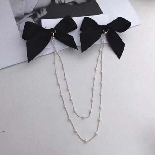 TIMEONLY Korean Style Black Cloth Bowknot Tassel Hairwear Simulation Pearl Chain Clip Hairpin for Women Cut Charms Accessories