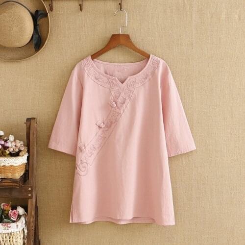 Plus Size T Shirt For Women O-Neck Natural Cotton And Linen Chinese Wind Element Embroidery Pattern Short Sleeve Shirt In Summer