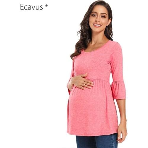 Maternity Clothes Womens Peplum Ruffles 3/4 Sleeve Pregnancy Shirt Maternity Tops Casual Tunic Loose Pregnant Clothes Pink