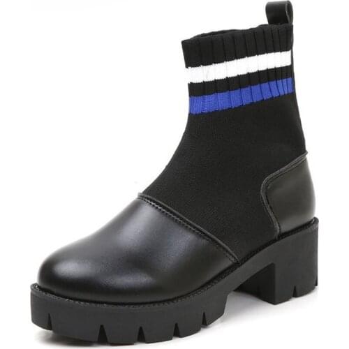 Xiaying Smile New Fashion Women Spring winter Boots British style Socks Shoes Split leather square heel Platform shoes for women