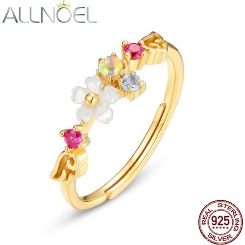 ALLNOEL 925 Sterling Silver Rings For Women Synthetic Opal White Shell Flower Red Corundum Adjustable Fine Jewelry New Arrivials